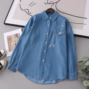 2023 Spring Long Sleeve Denim Shirt Blouse Women Embroideried Design Soft Blue Lady Tops Female Clothes