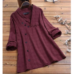 Spring Autumn Long Sleeve Plaid Shirt Blouse Women 2021 New Arrival Vintage irregular Buttons Womens Tops Cotton Linen Shirt